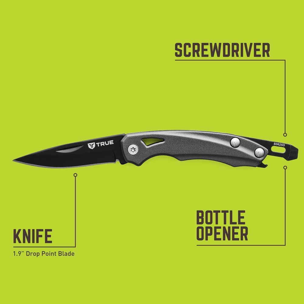 TRUE SlipKnife 1.9-inch drop point folding knife showing built-in bottle opener and flat screwdriver