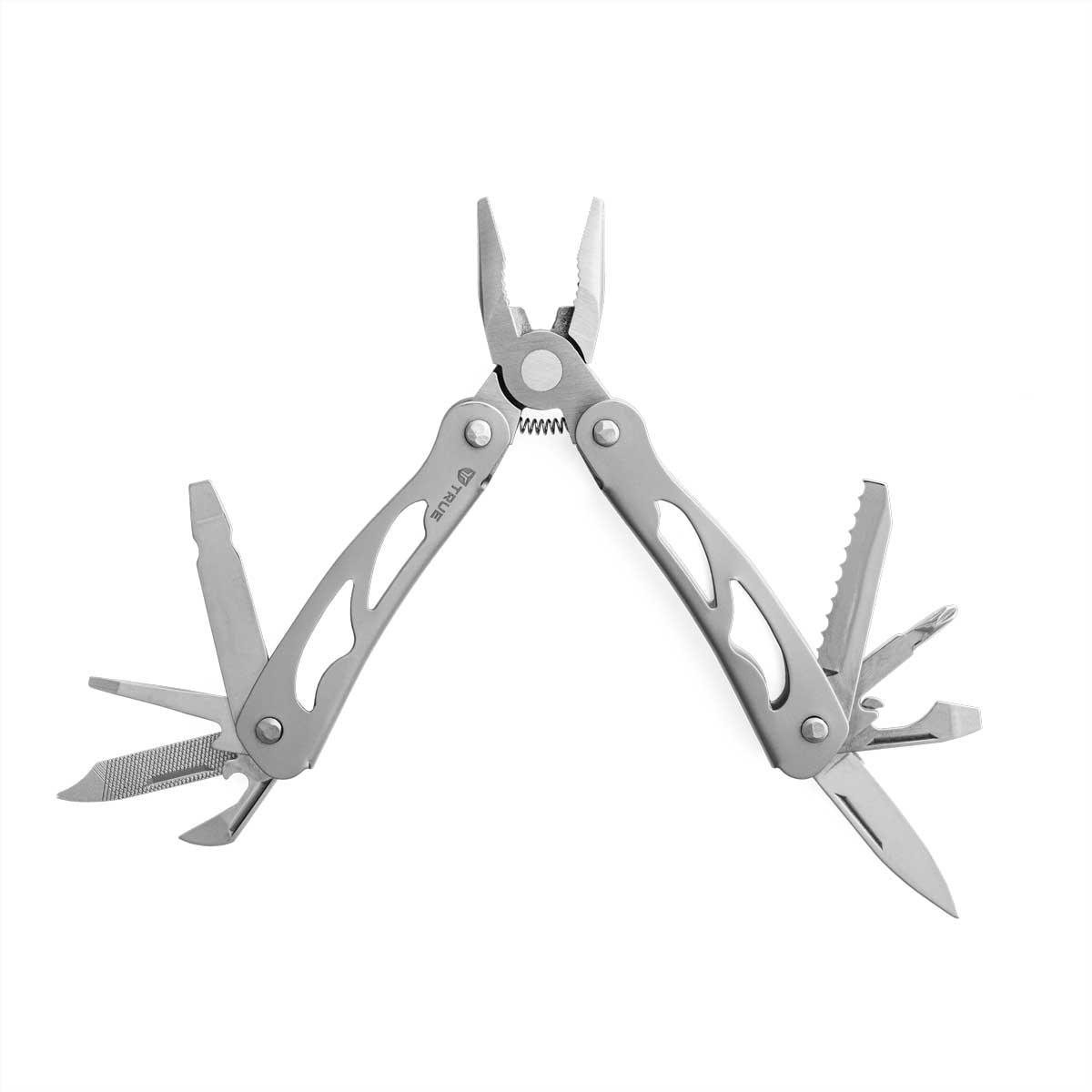 TRUE Reduction 11-in-1 pliers keychain multi-tool fully opened showing pliers head