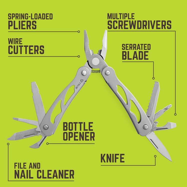 TRUE Reduction 11-in-1 pliers keychain multi-tool with labeled tool functions