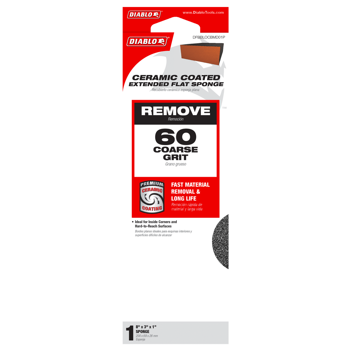 Diablo 8 in. x 3 in. x 1 in. 60-Grit Extended Flat Edge Sanding Sponge (DFBBLOCBMD01P) in retail packaging