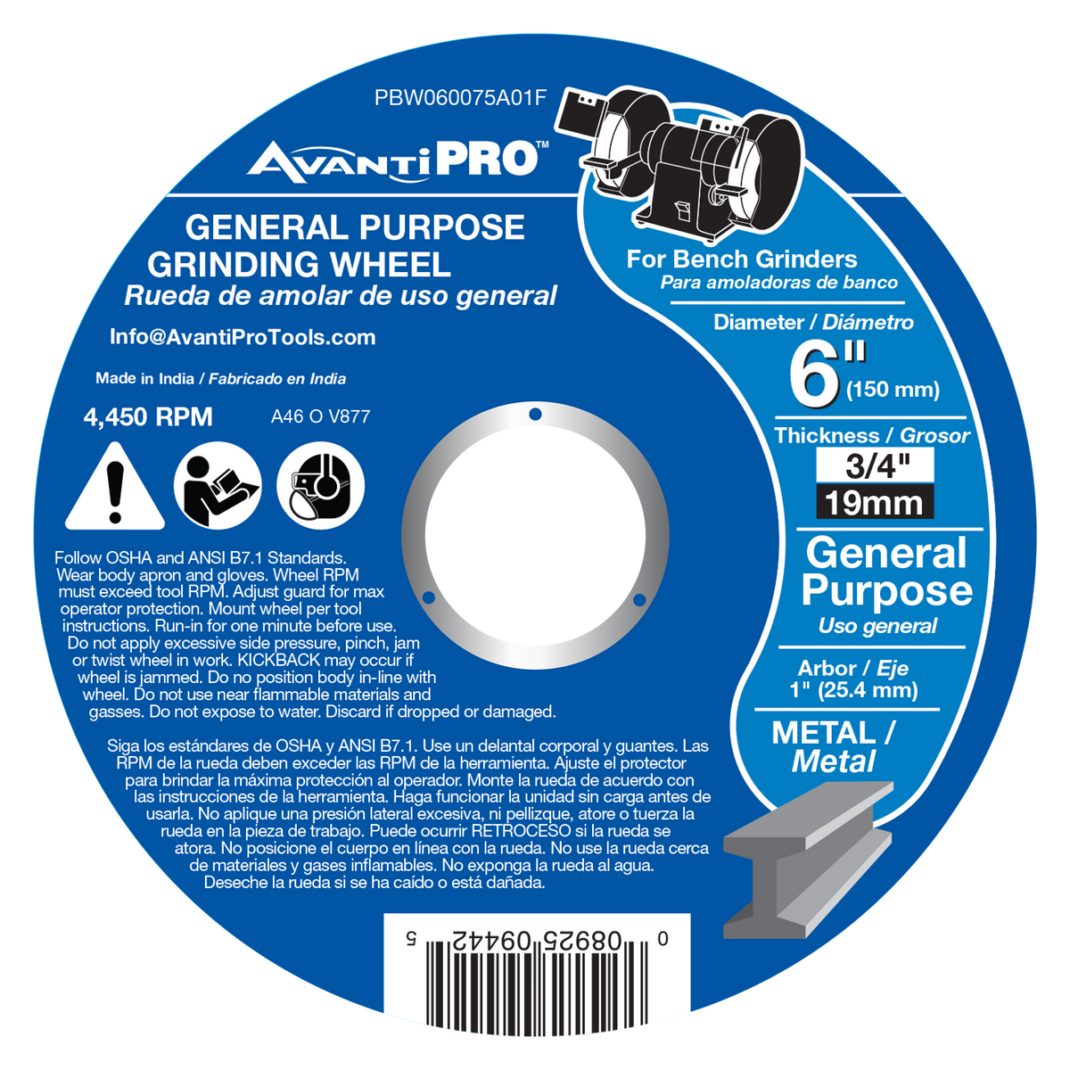 AvantiPRO 6 in. x 3/4 in. Bench Grinding Wheel, 1 in. Arbor (PBW060075A01F)
