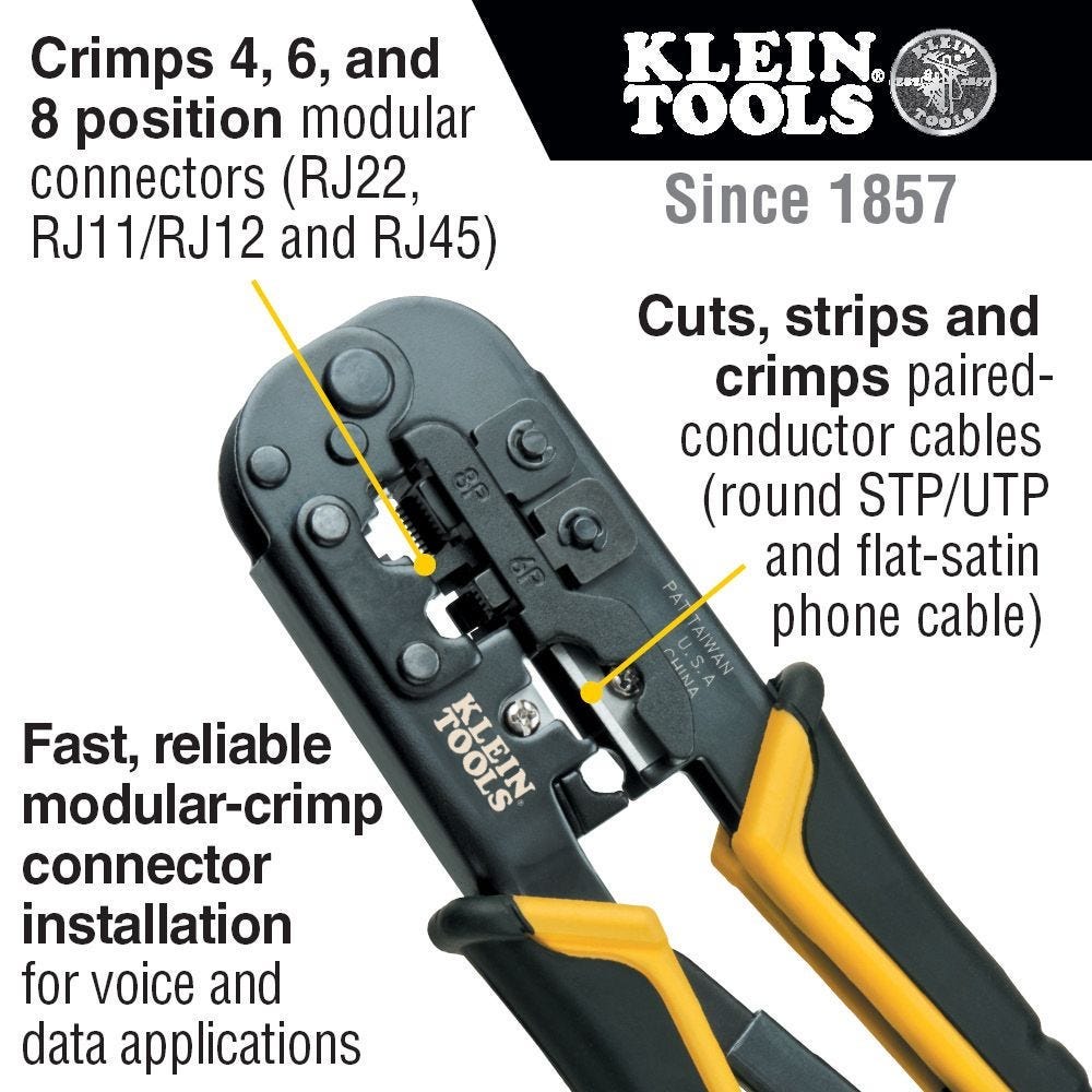 Klein Tools Ratcheting Data Cable Crimper with Compression Crimper, Coax Cable Stripper, and Wire Strippers