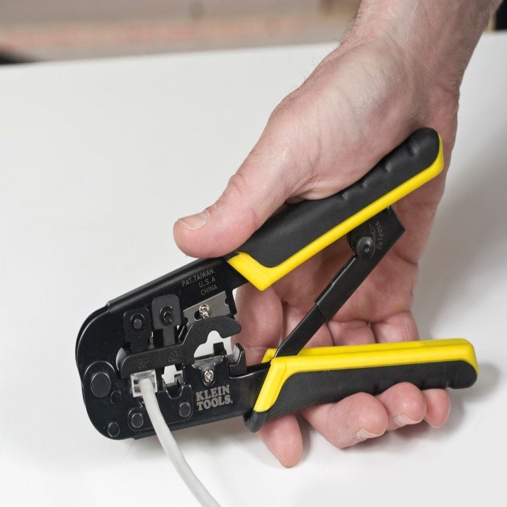 Klein Tools Ratcheting Data Cable Crimper with Compression Crimper, Coax Cable Stripper, and Wire Strippers