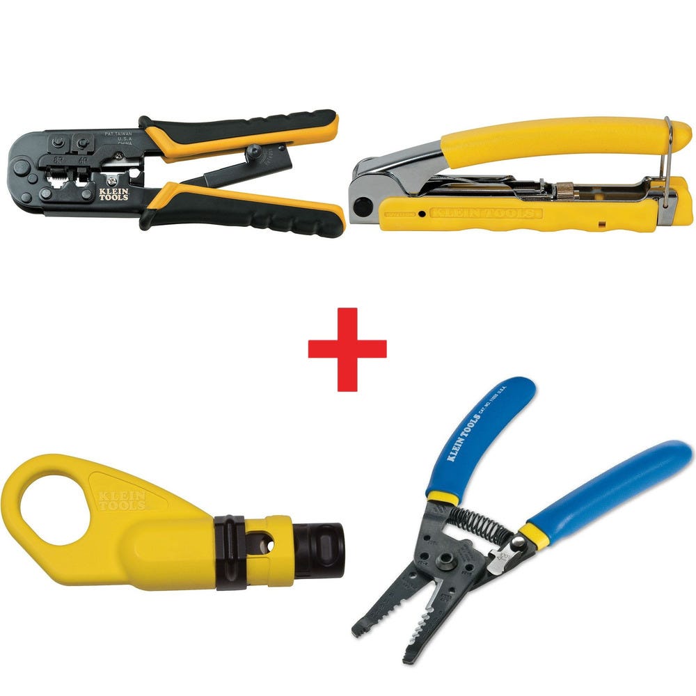 Klein Tools Ratcheting Data Cable Crimper with Compression Crimper, Coax Cable Stripper, and Wire Strippers