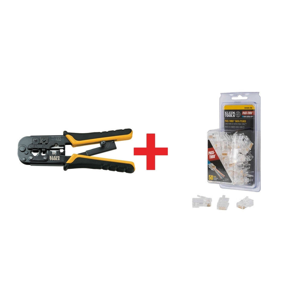 Klein Tools Ratcheting Data Cable Crimper with Pass-Thru Modular Data Plugs, RJ-45-CAT6A, UTP (50-Pack)