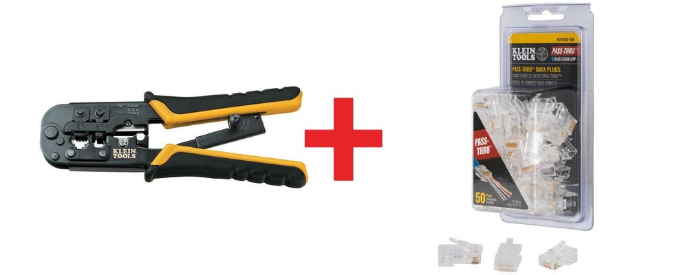 Klein Tools Ratcheting Data Cable Crimper with Pass-Thru Modular Data Plugs, RJ-45-CAT6A, UTP (50-Pack)