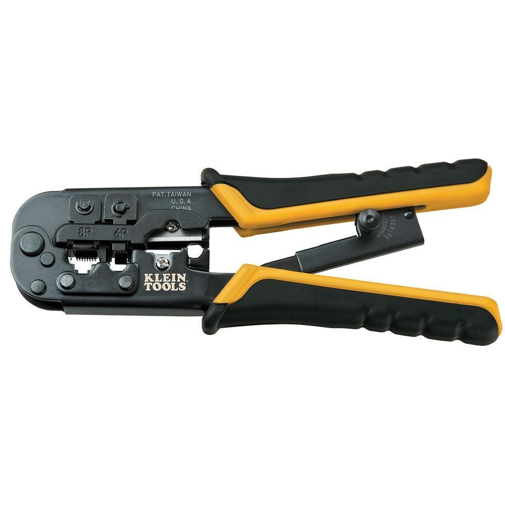 Klein Tools Ratcheting Data Cable Crimper with Compression Crimper, Coax Cable Stripper, and Wire Strippers