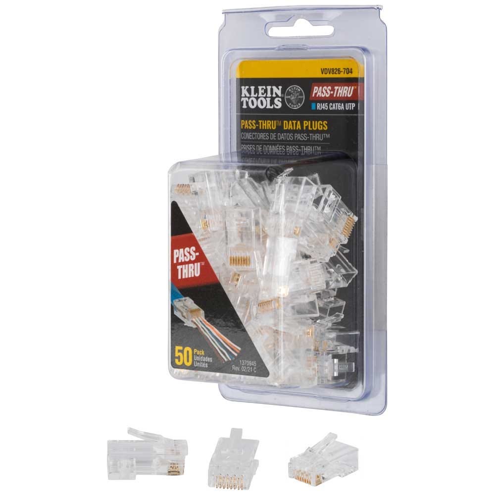 Klein Tools Ratcheting Data Cable Crimper with Pass-Thru Modular Data Plugs, RJ-45-CAT6A, UTP (50-Pack)