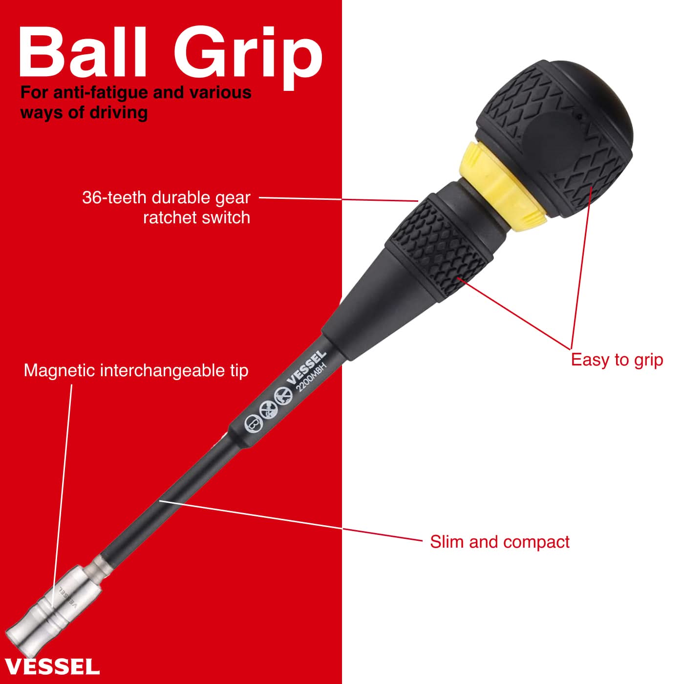 Vessel 2200MBH120K01 BALL GRIP™ Interchangeable Ratchet Screwdriver