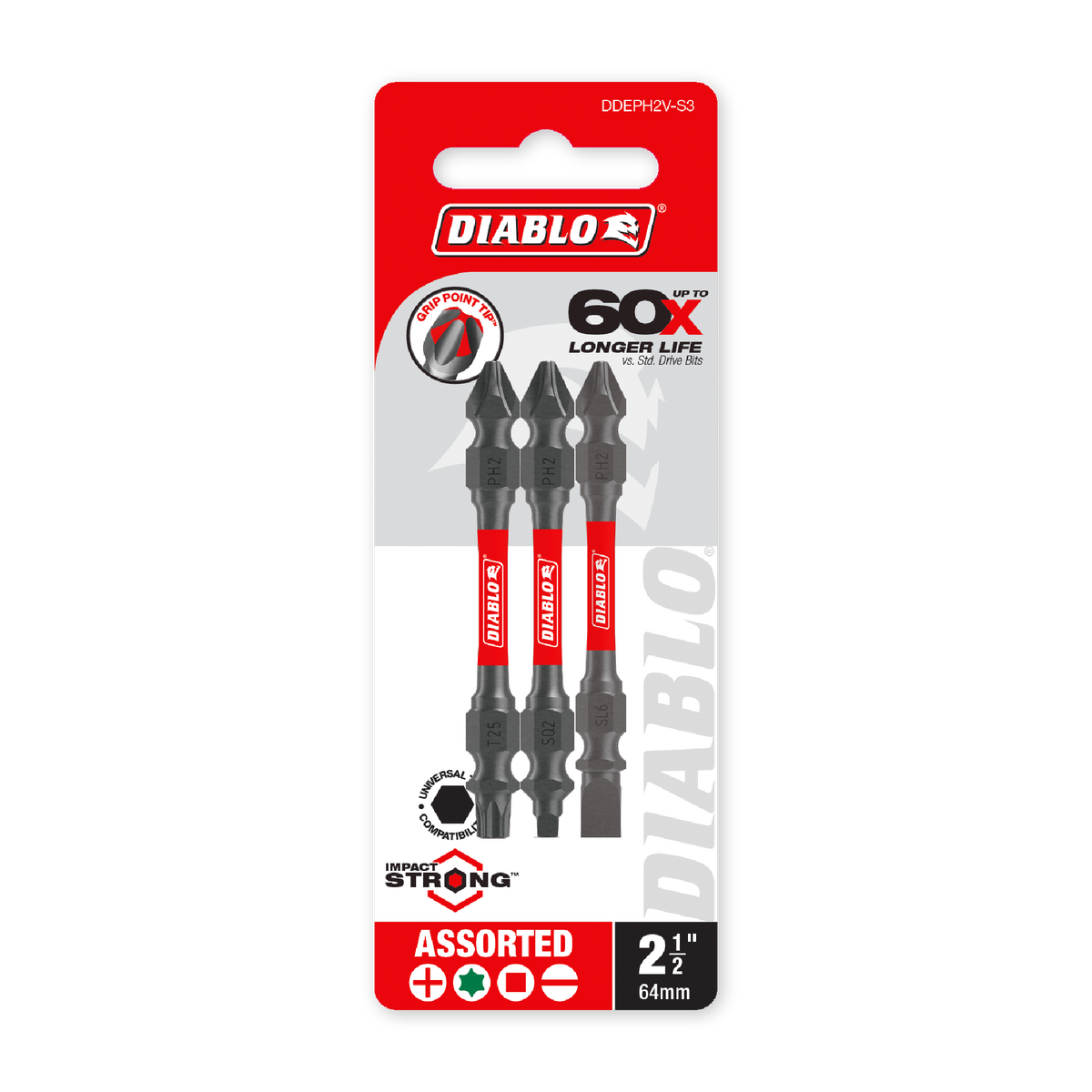 Diablo 2-1/2 in. Double-Ended Phillips/Torx/Square/Slotted Drive Bit Variety Pack (DDEPH2V-S3) in retail packaging
