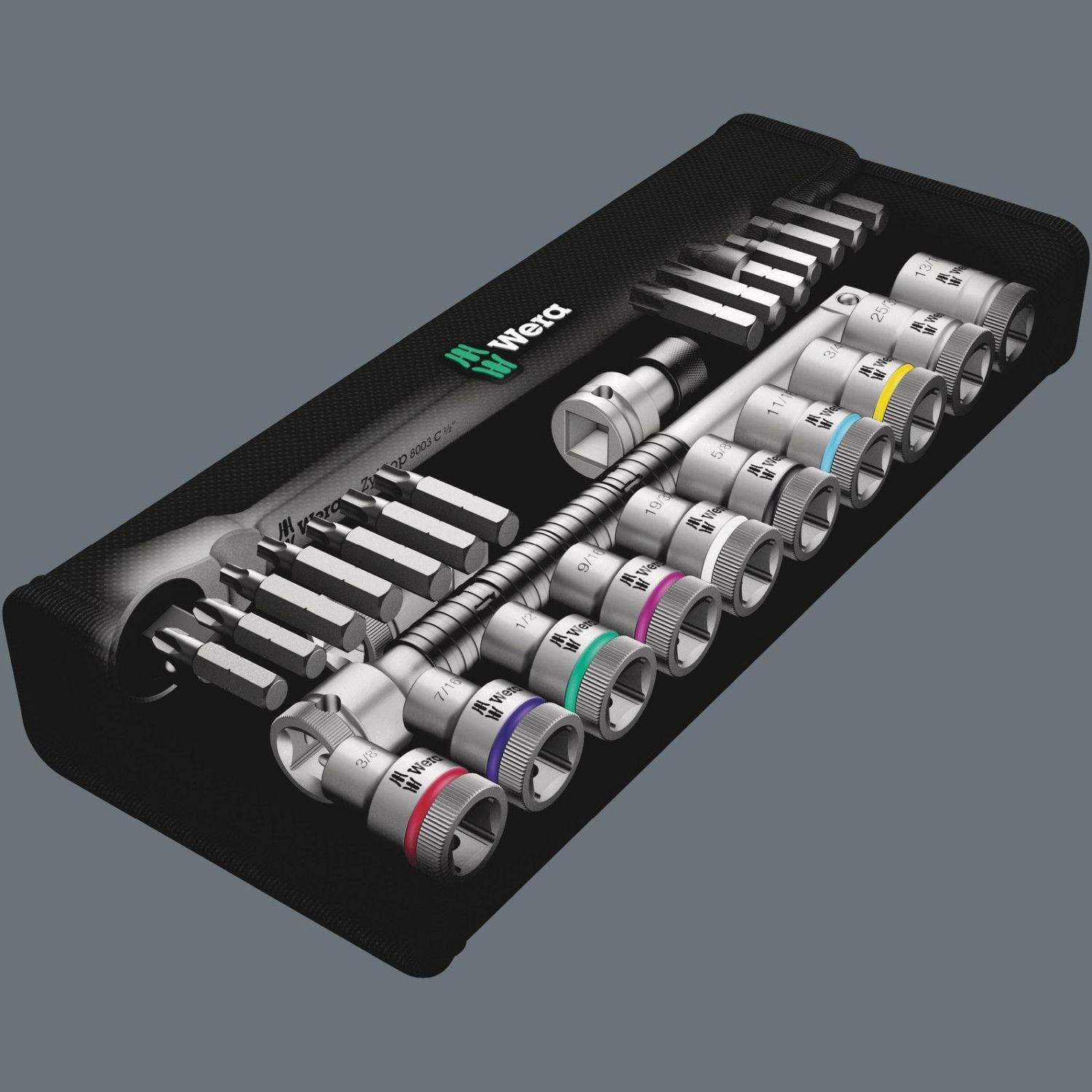 Wera 8100 Sc 10 Zyklop Metal Ratchet Set With Push-Through Square, 1/2-in. Drive, Imperial, 28-Pieces