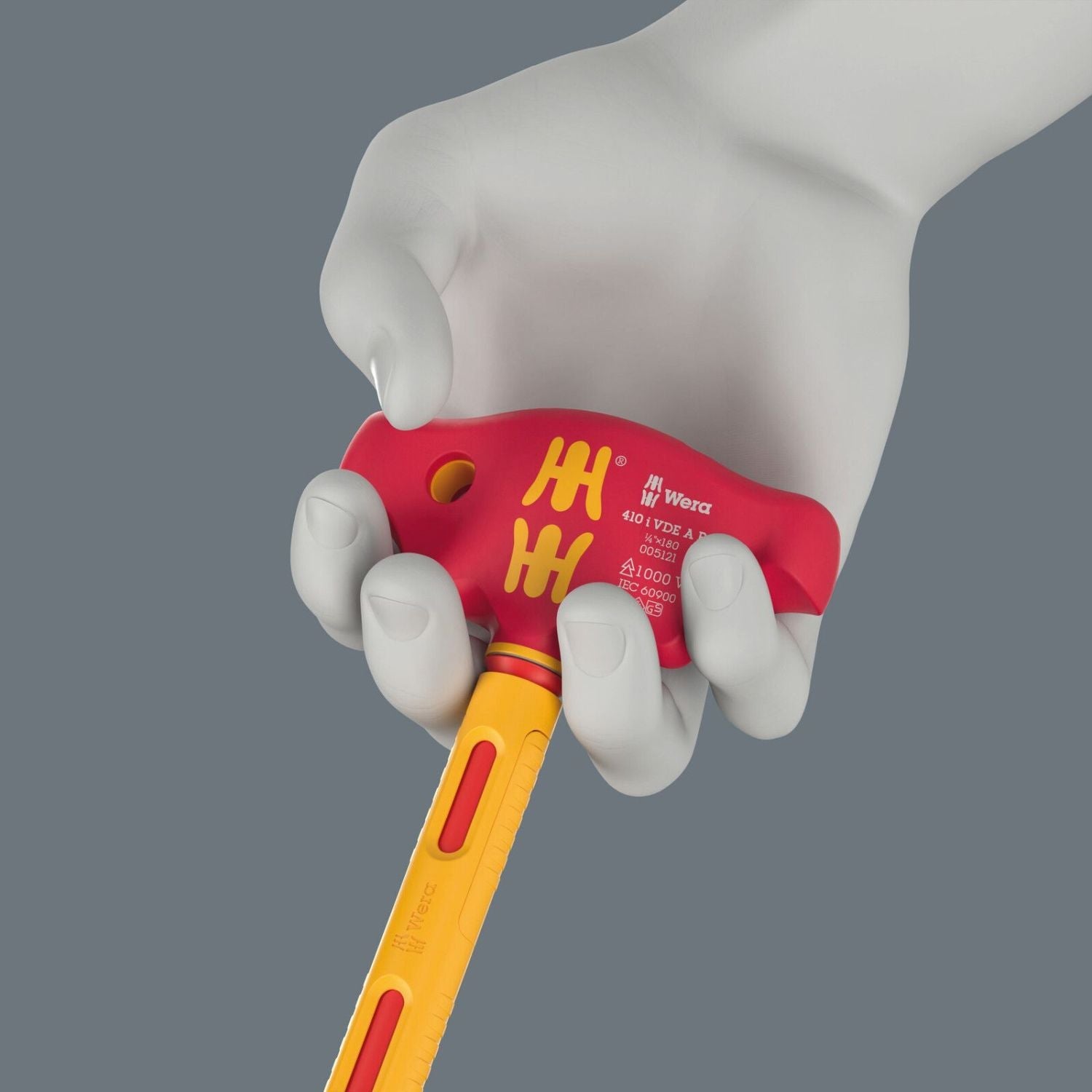 Wera 410 I VDE A Ra Vde-insulated T-Handle Adapter Screwdriver With Ratchet Functionality For 1/4-in. Sockets, 1/4-in.x130-mm.