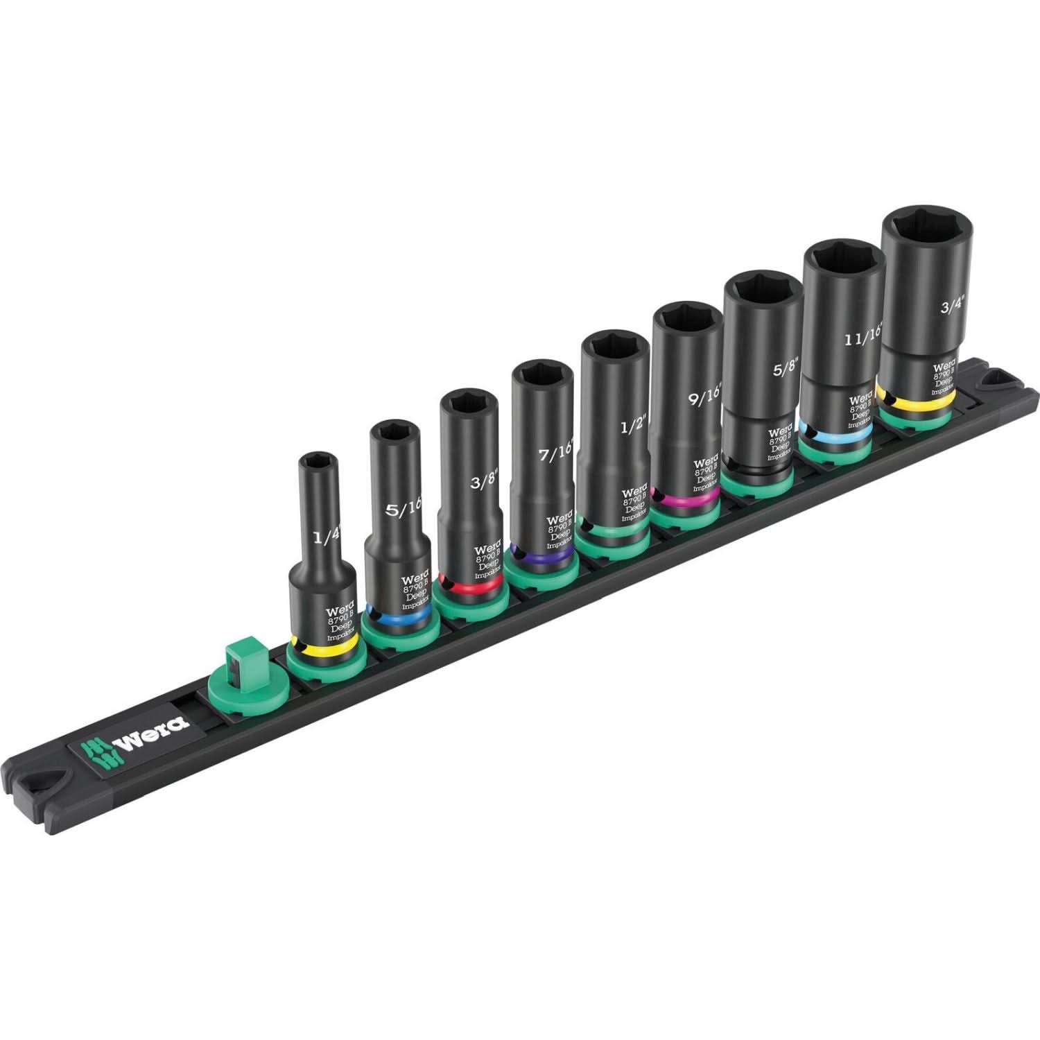 Wera 9661 Magnetic Rail B Impaktor Deep Imperial 1 Socket Set, 3/8-in. Drive, 9-Pieces