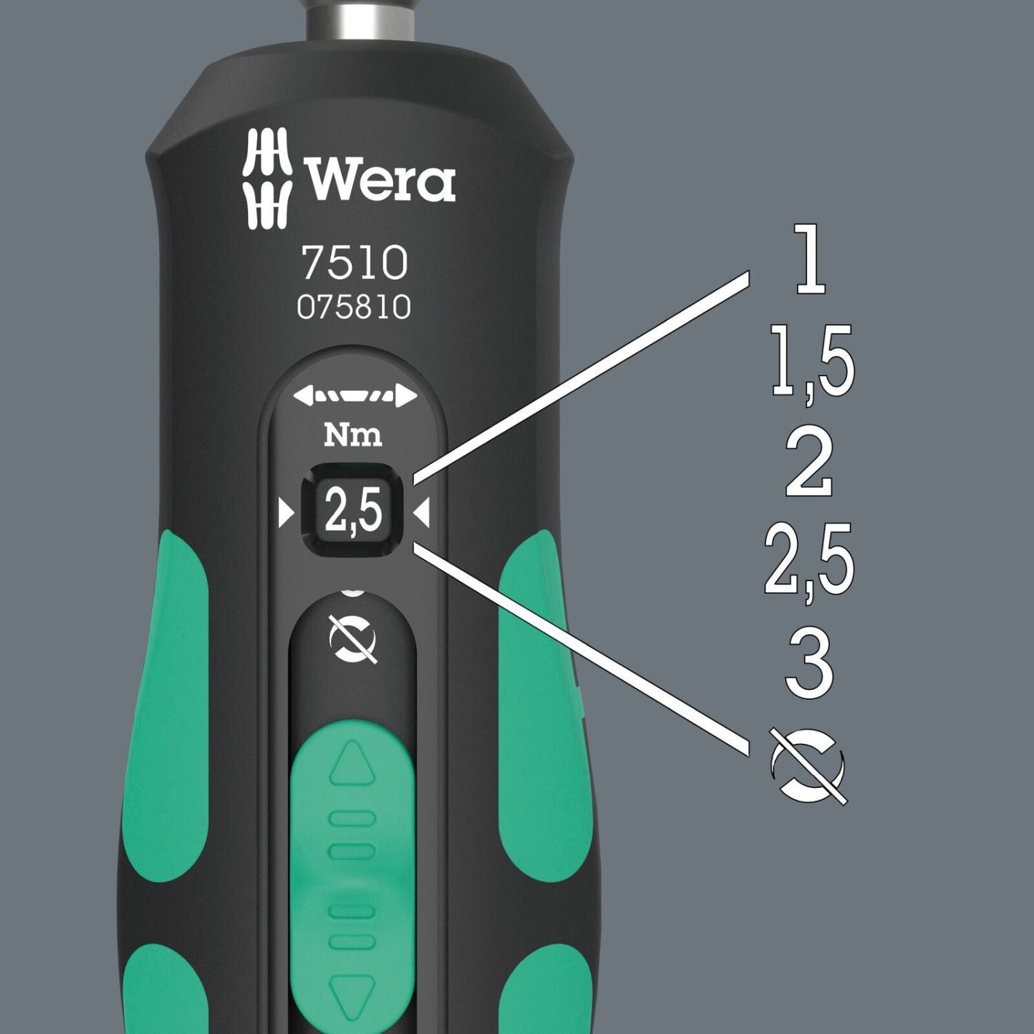 Wera 7510 Kraftform Safe-Torque Speed Torque Screwdriver, 1-3 Nm, 1/4-in.x1.0 Nmx1.5 Nmx2.0 Nmx2.5 Nmx3.0 Nmx147.5-mm.