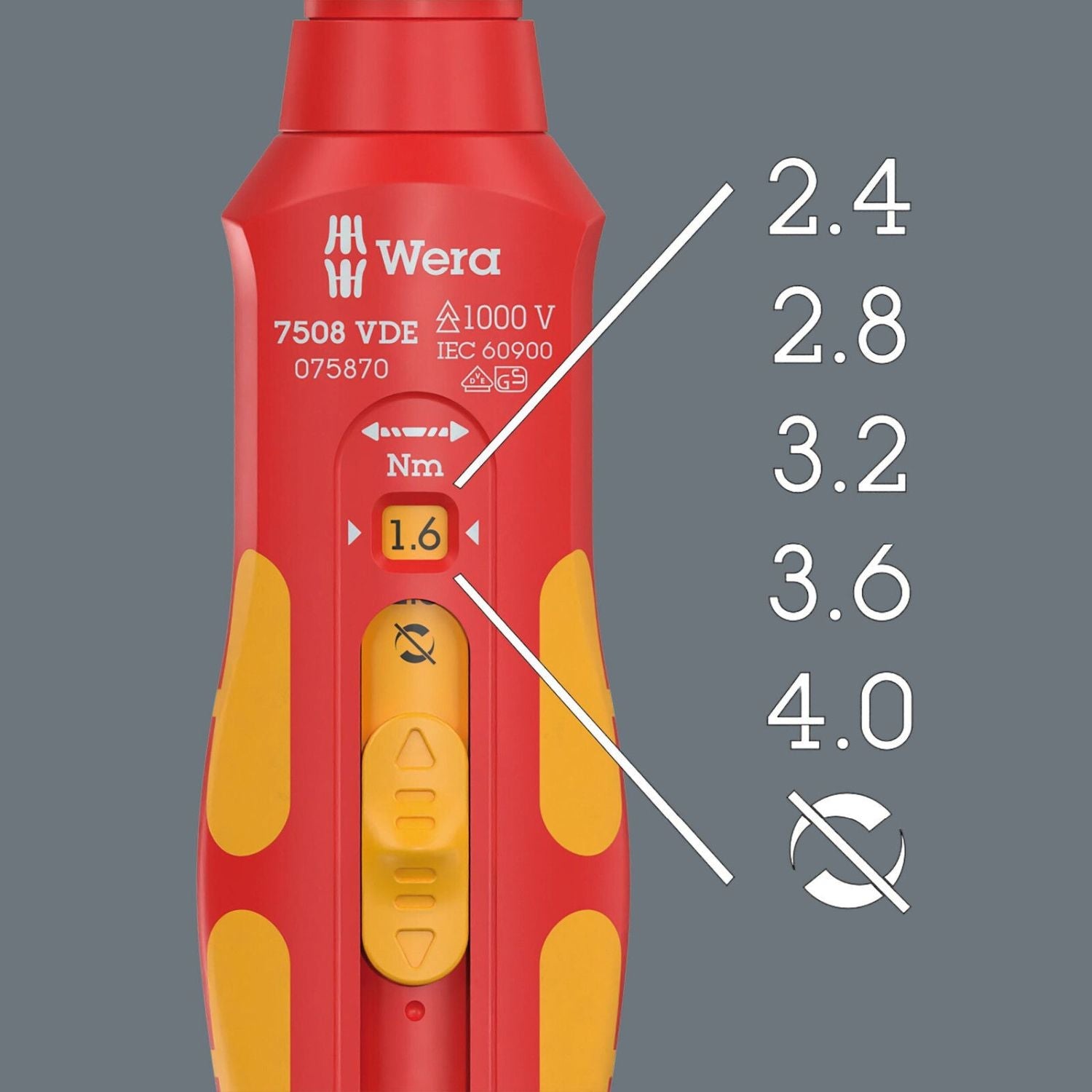 Wera 7508 VDE Kraftform Safe-Torque Speed Torque Screwdriver, 0.4-2.0 Nm, 9x0.4 Nmx0.8 Nmx1.2 Nmx1.6 Nmx2.0 Nmx192-mm.