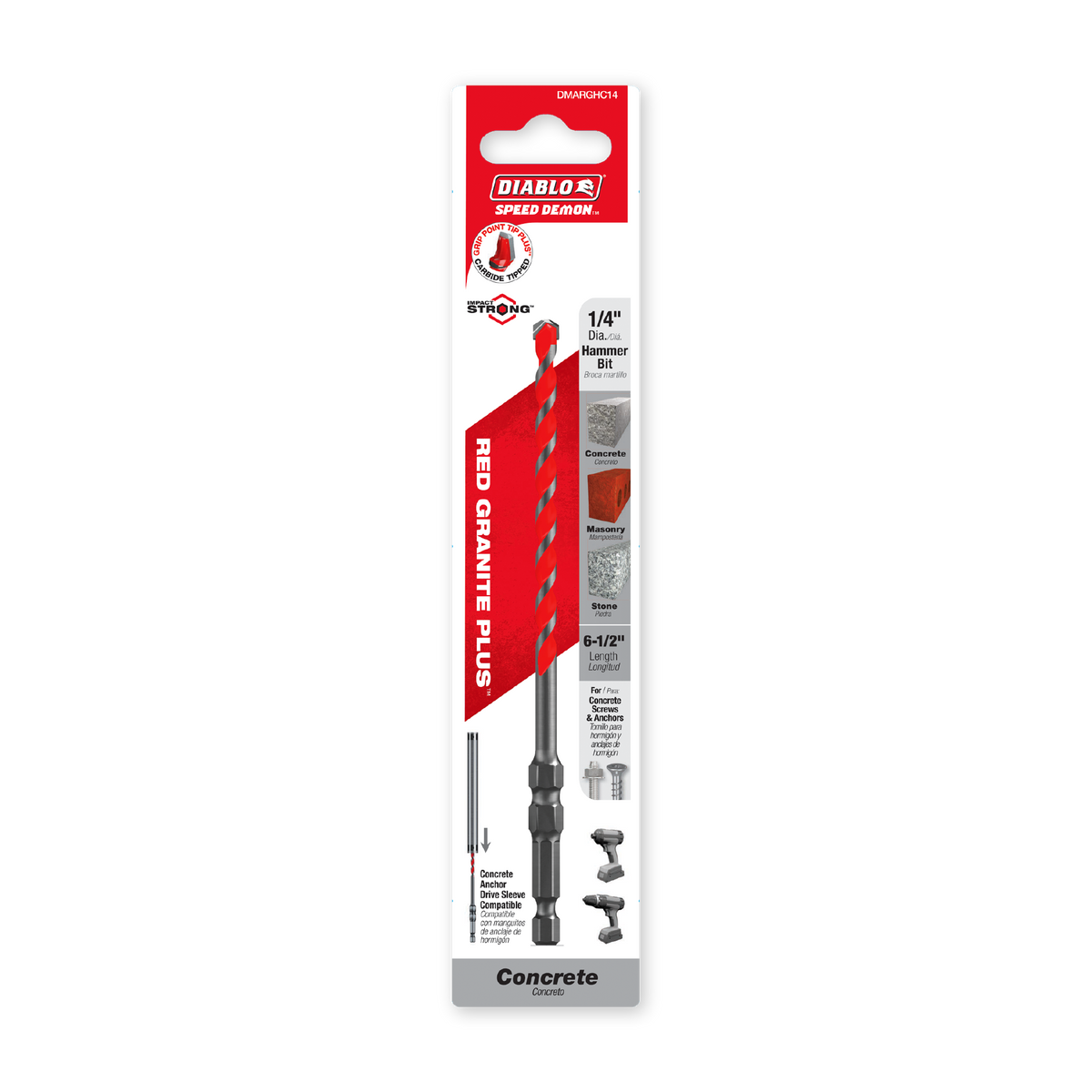 Diablo 1/4 in. x 4-1/2 in. x 7 in. SPEEDemon Red Granite PLUS Carbide-Tipped Hammer Drill Bit (DMARGHC14) in retail packaging