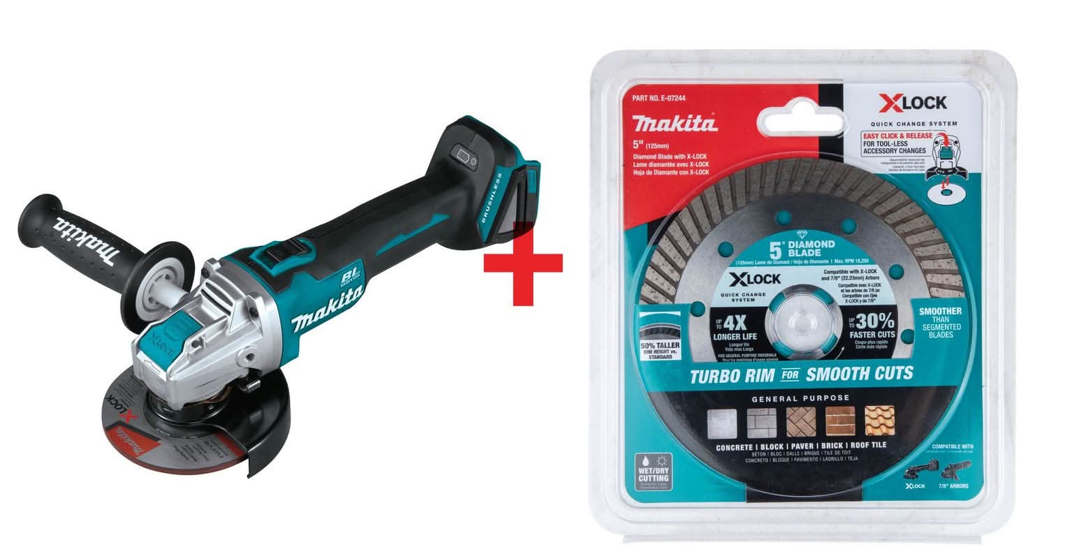 Makita 18V LXT Lithium-Ion Brushless Cordless 4-1/2 / 5-Inch X-LOCK Angle Grinder plus 5-Inch Turbo Rim Diamond Blade