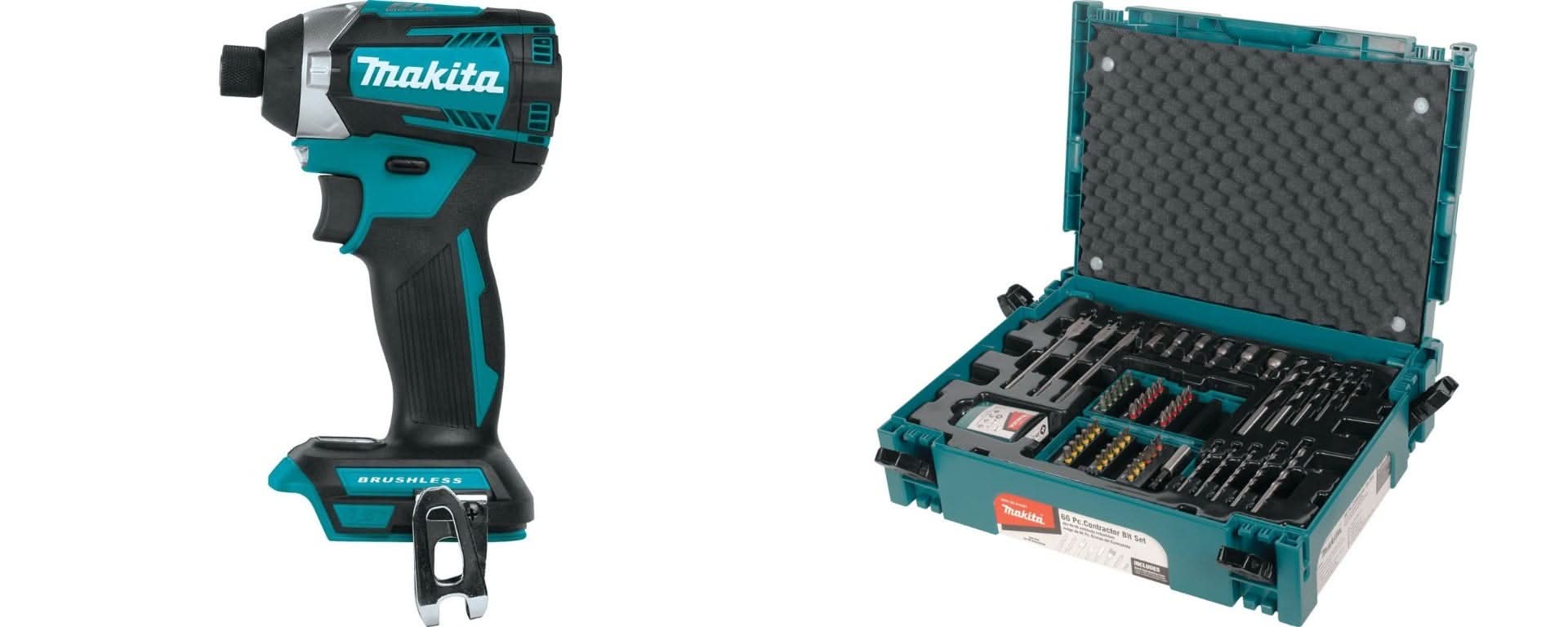 Makita 18V Brushless Cordless Quick-Shift Mode 3-Speed Impact Driver with 66-Piece Contractor Bit Set in Systainer (Bare Tool)