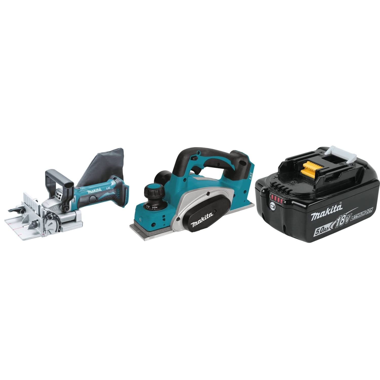 Makita 18V Cordless Plate Joiner, 18V LXT Cordless 3-1/4" Planer, and 18V LXT 5.0aH Battery