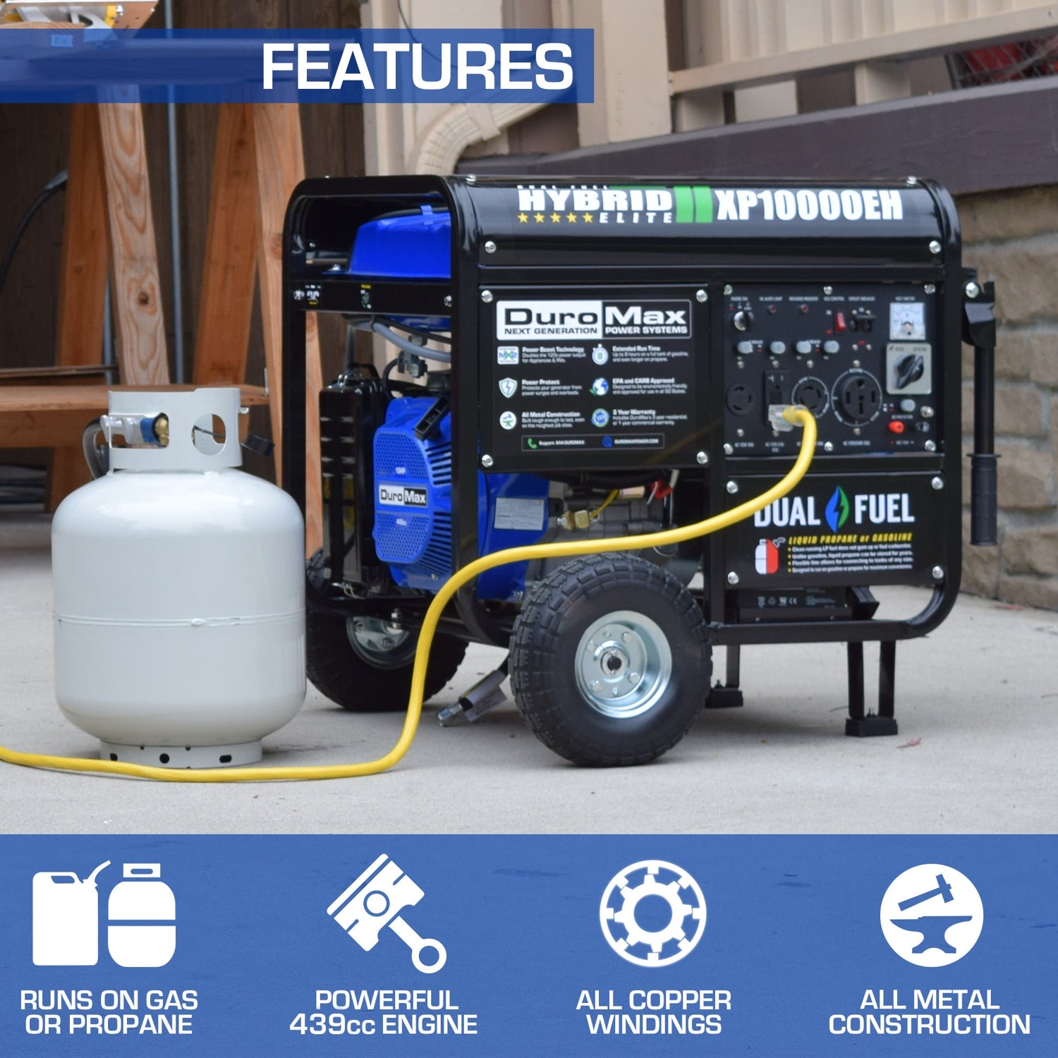 DuroMax XP10000EH 10,000-Watt 439cc Electric Start Dual Fuel Hybrid Portable Generator