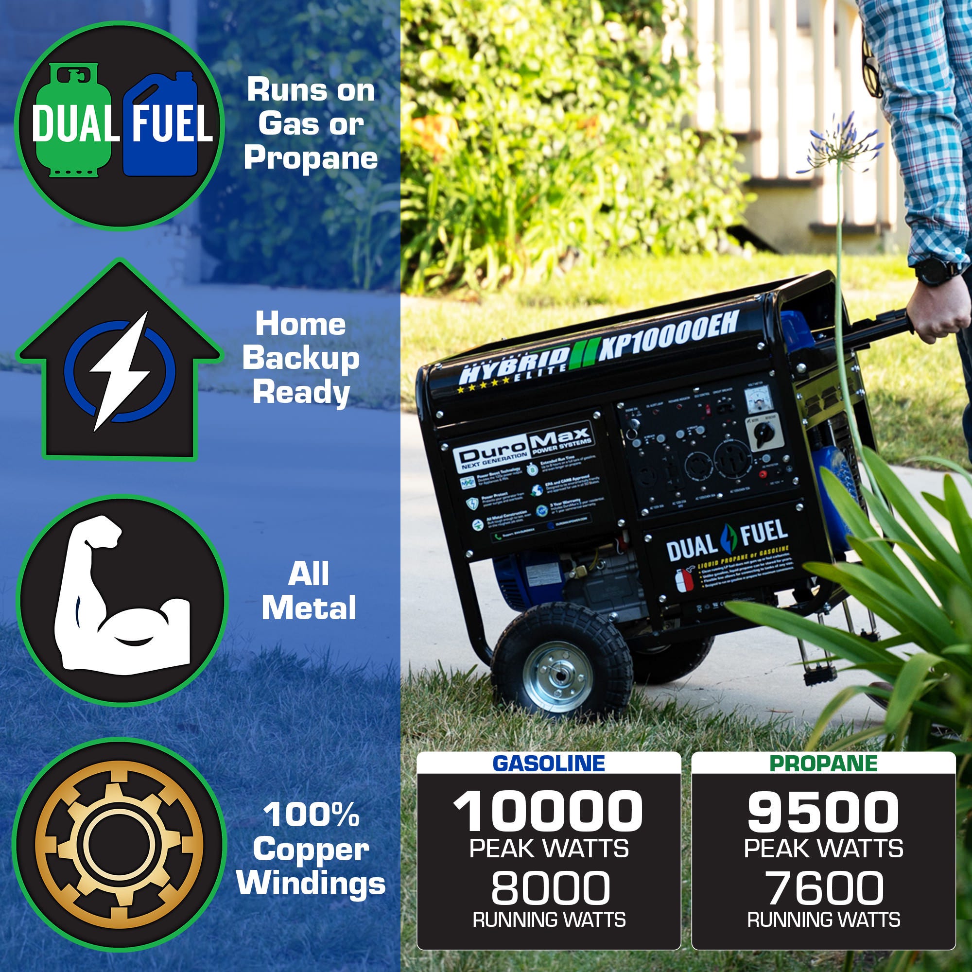 DuroMax XP10000EH 10,000-Watt 439cc Electric Start Dual Fuel Hybrid Portable Generator