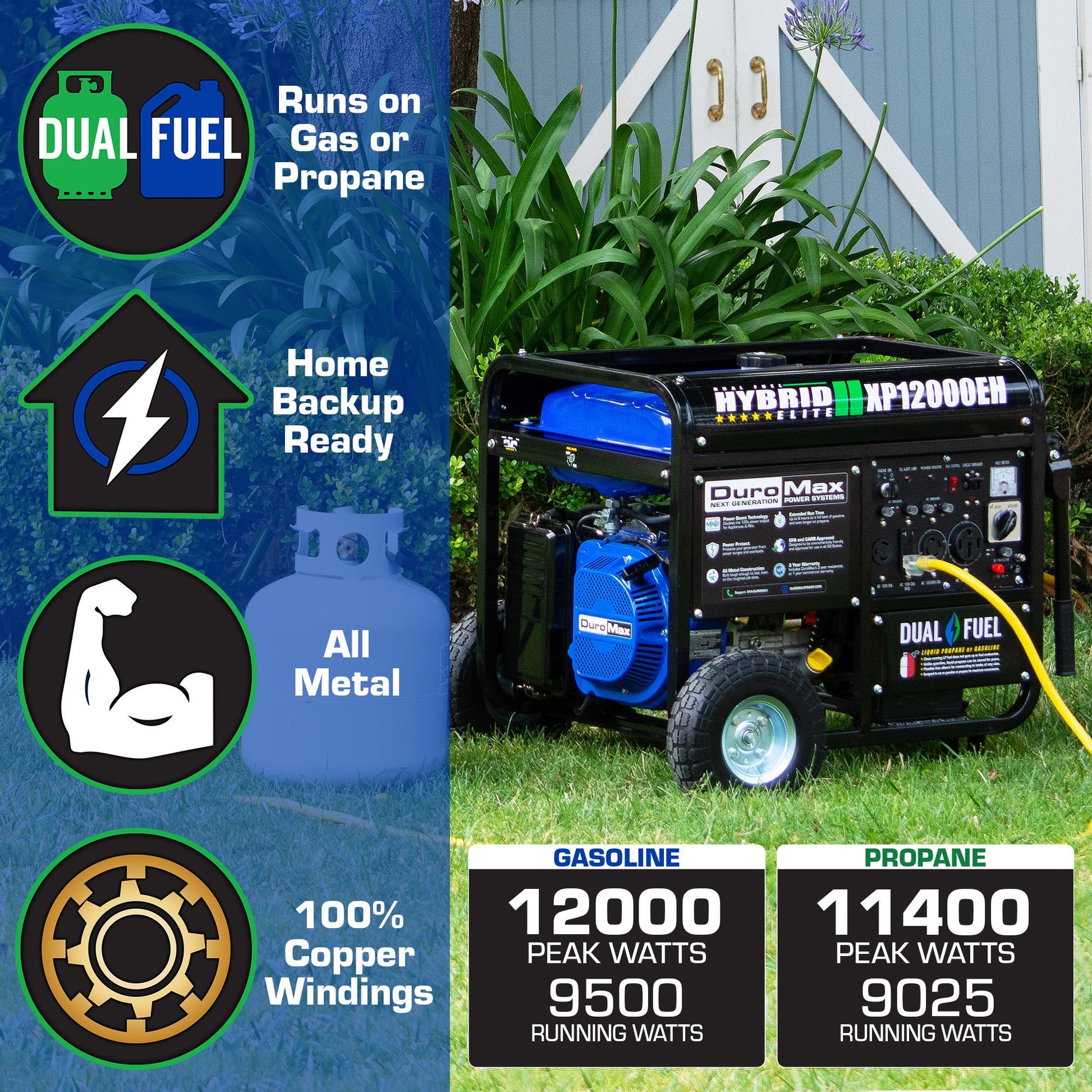 DuroMax XP12000EH 12,000-Watt 457cc Portable Dual Fuel Gas Propane Generator