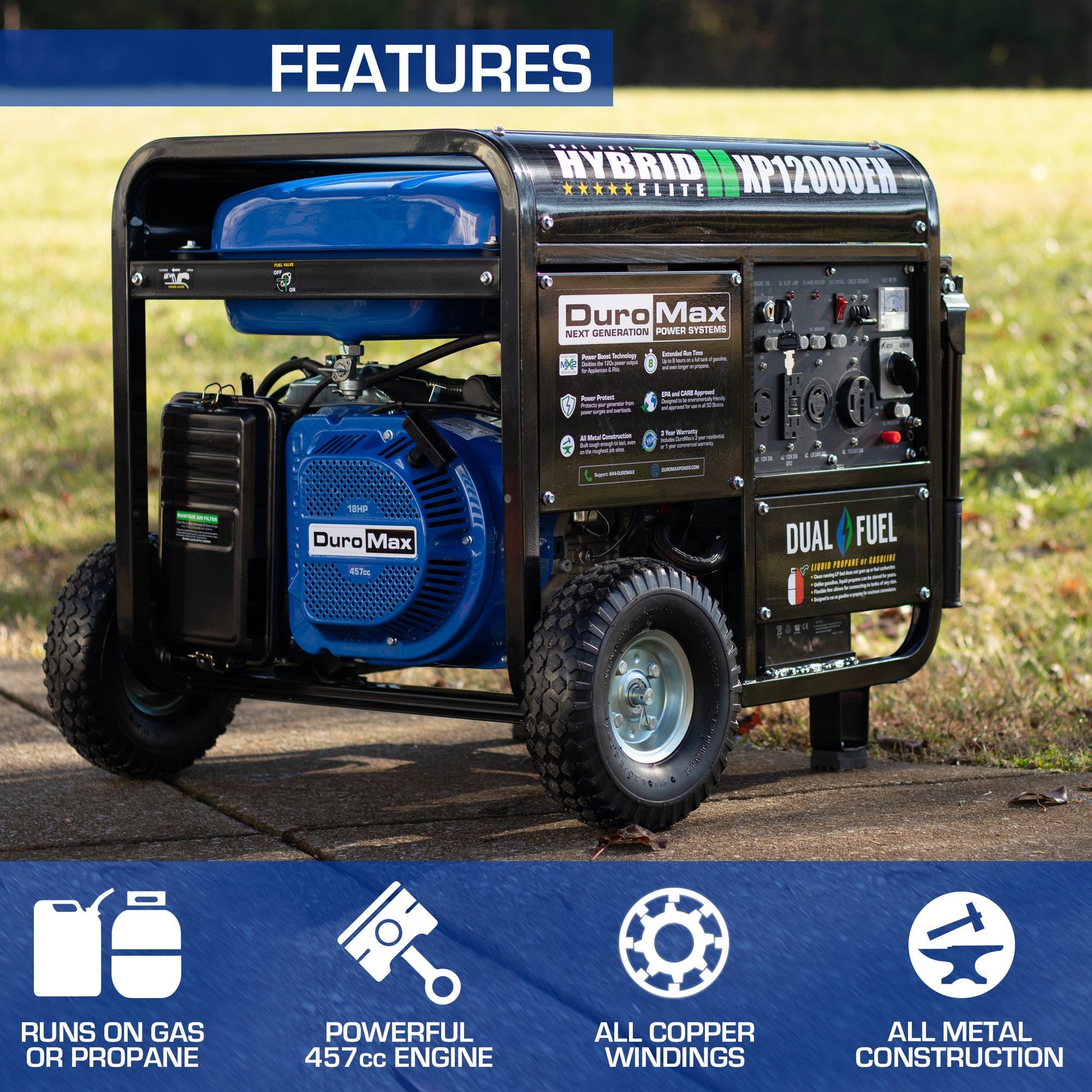 DuroMax XP12000EH 12,000-Watt 457cc Portable Dual Fuel Gas Propane Generator