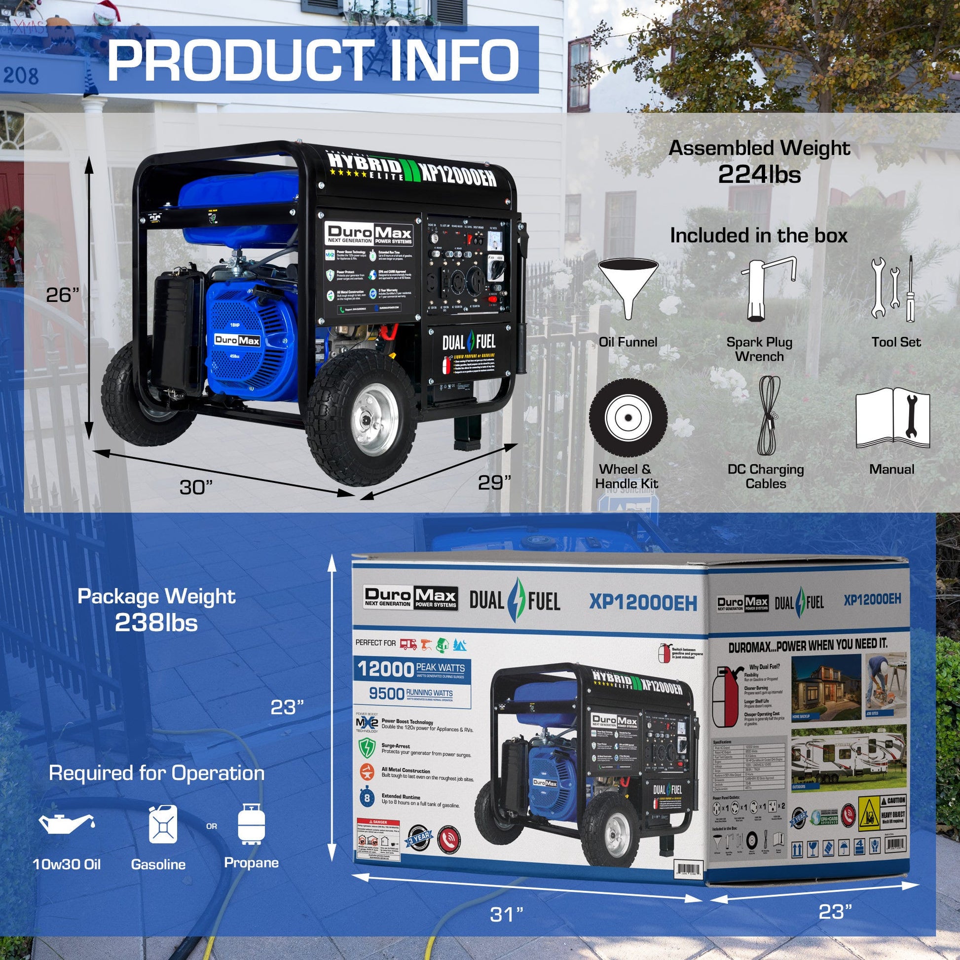 DuroMax XP12000EH 12,000-Watt 457cc Portable Dual Fuel Gas Propane Generator