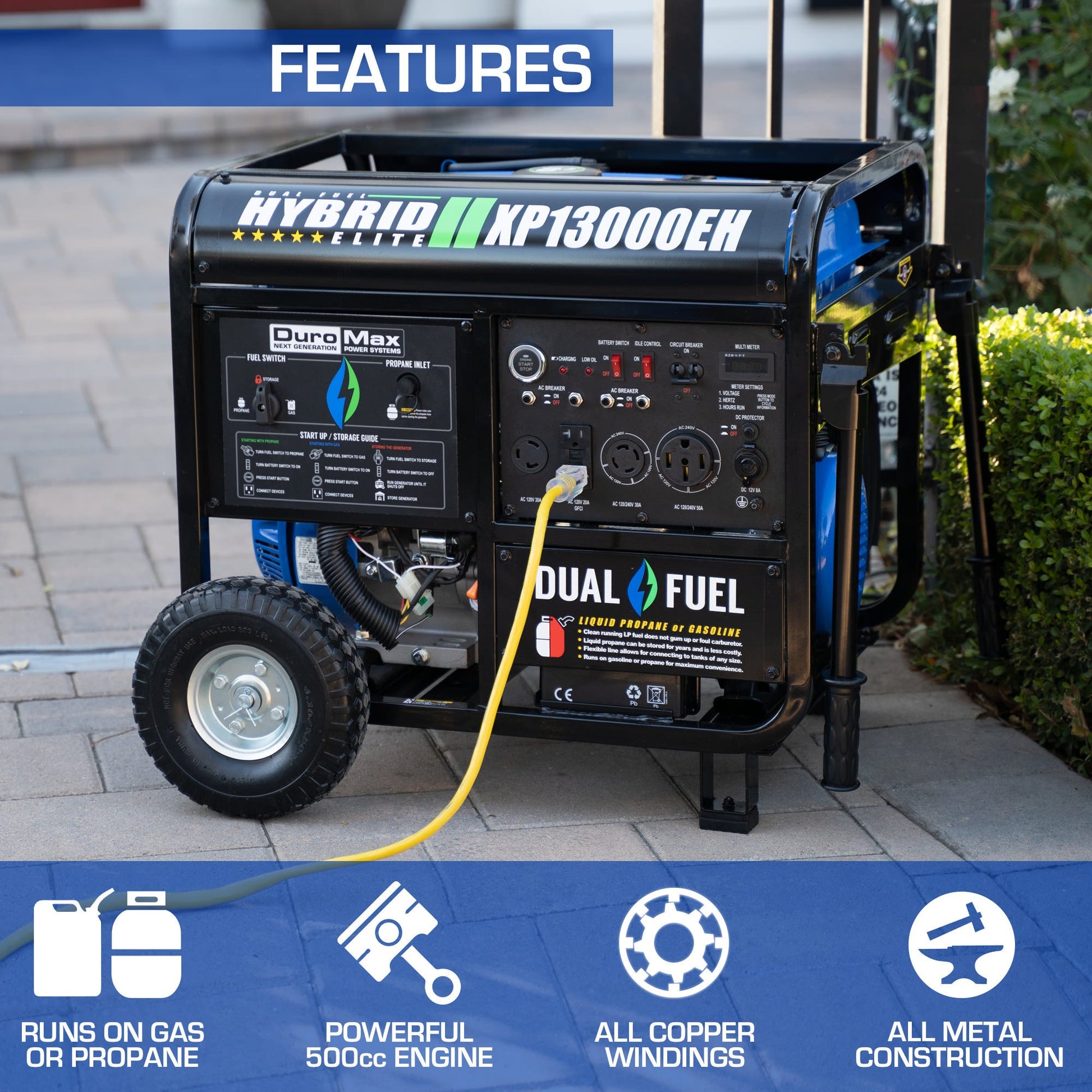DuroMax XP13000EH 13,000-Watt 500cc Portable Hybrid Gas Propane Generator