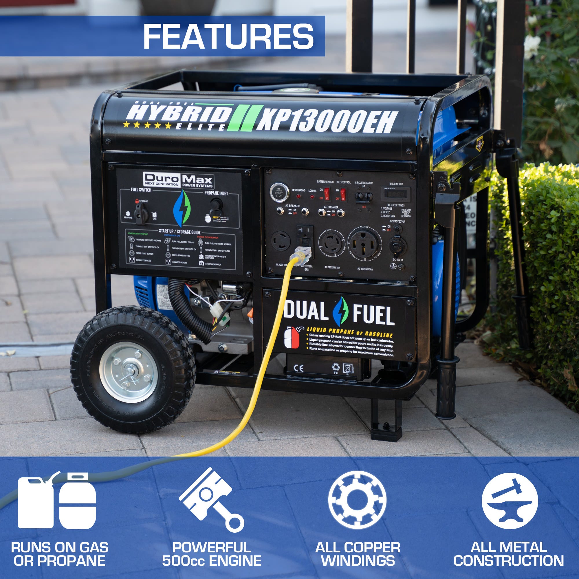 DuroMax XP13000EH 13,000-Watt 500cc Portable Hybrid Gas Propane Generator