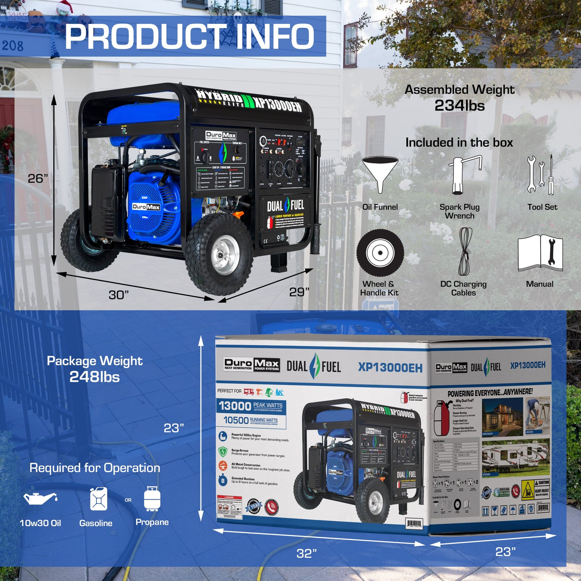 DuroMax XP13000EH 13,000-Watt 500cc Portable Hybrid Gas Propane Generator