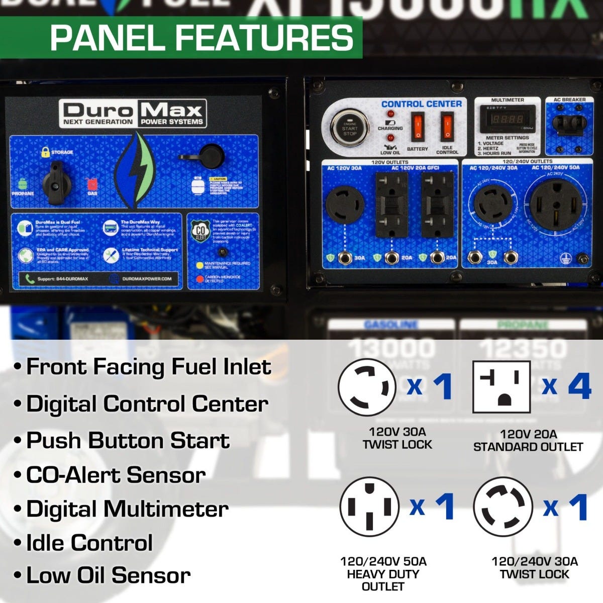 DuroMax XP13000HX 13000-Watt 500cc Dual Fuel Gas Propane Portable Generator with CO Alert