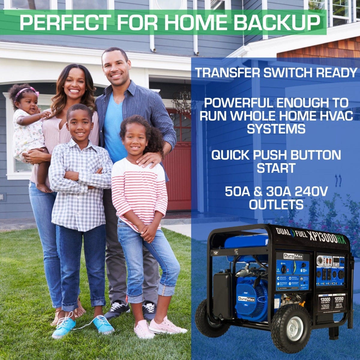 DuroMax XP13000HX 13000-Watt 500cc Dual Fuel Gas Propane Portable Generator with CO Alert
