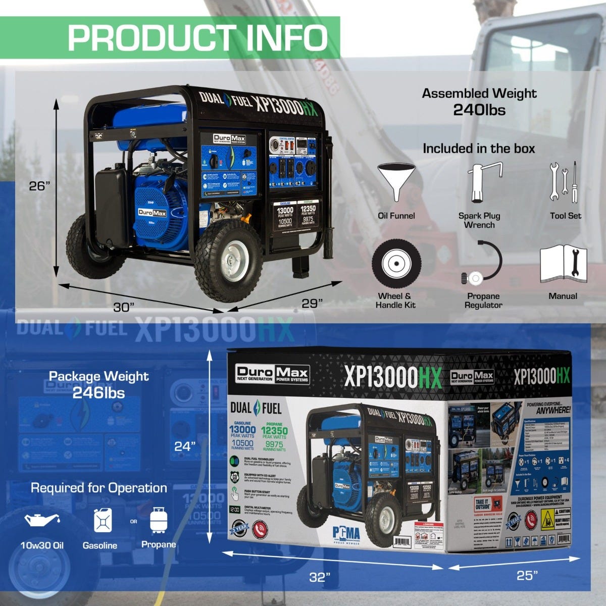 DuroMax XP13000HX 13000-Watt 500cc Dual Fuel Gas Propane Portable Generator with CO Alert