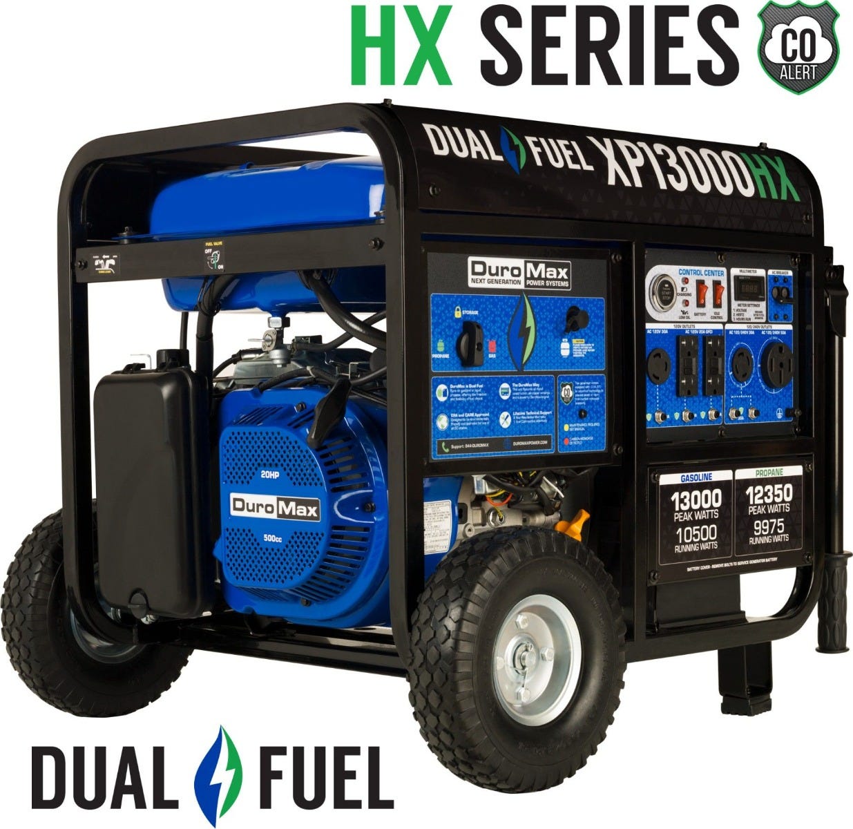 DuroMax XP13000HX 13000-Watt 500cc Dual Fuel Gas Propane Portable Generator with CO Alert