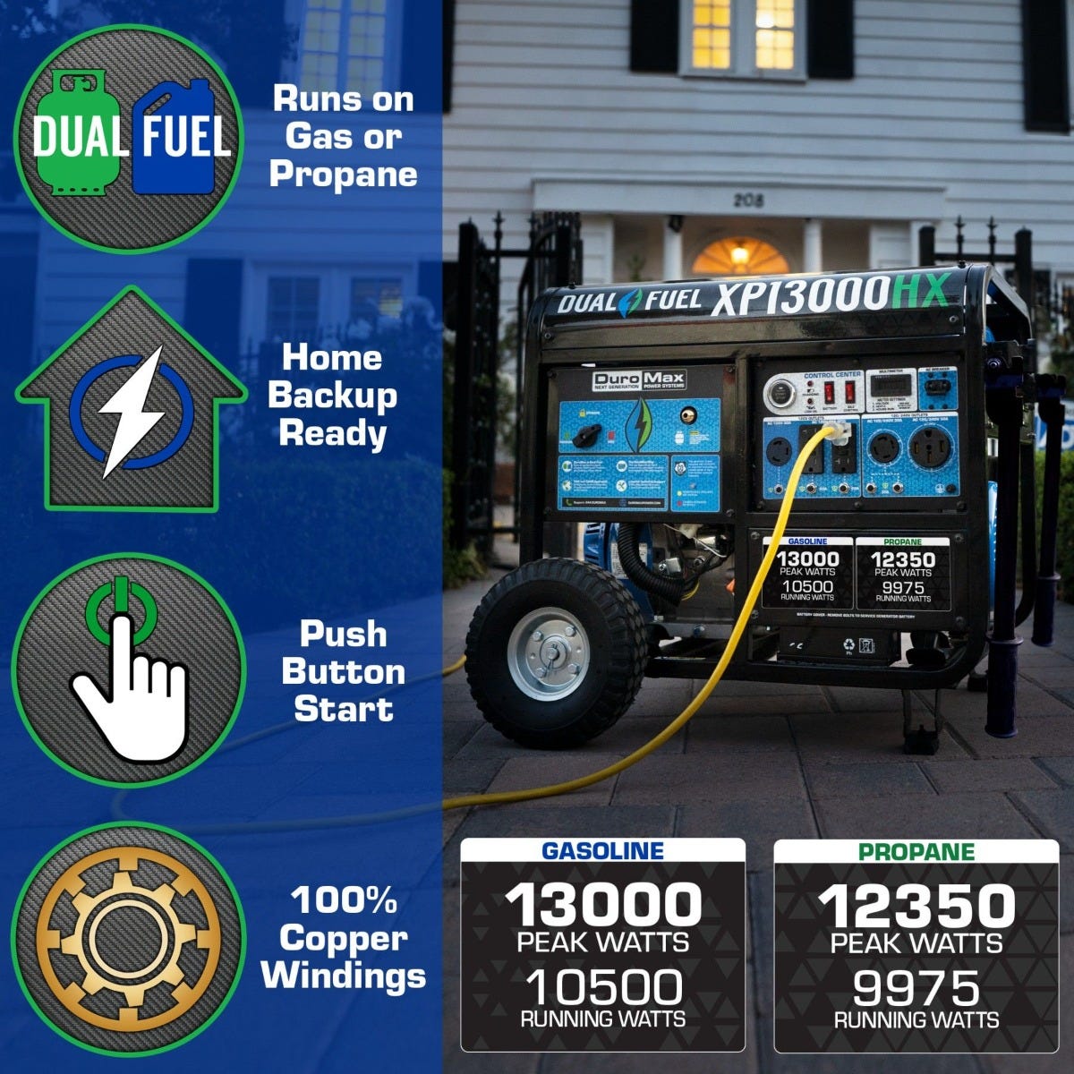 DuroMax XP13000HX 13000-Watt 500cc Dual Fuel Gas Propane Portable Generator with CO Alert