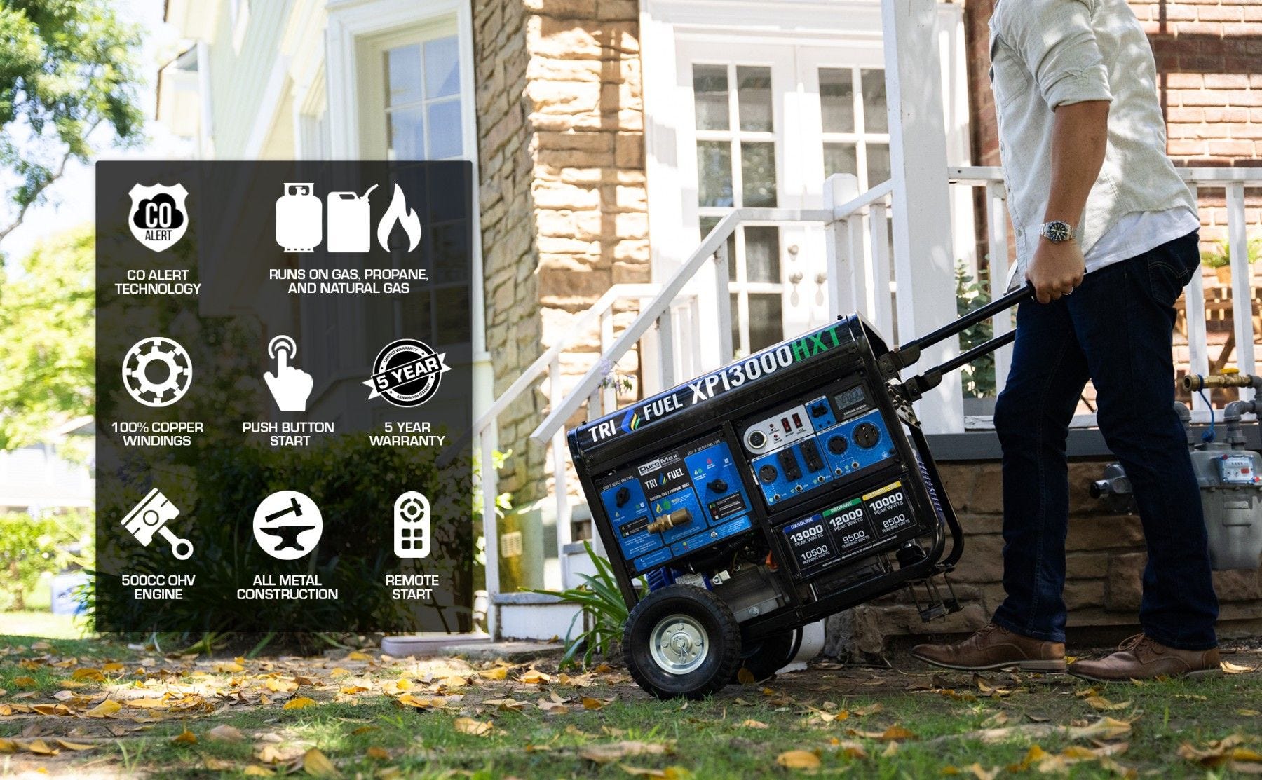 DuroMax XP13000HXT 13000-Watt 500cc Tri Fuel Gas Propane Natural Gas Portable Generator with CO Alert