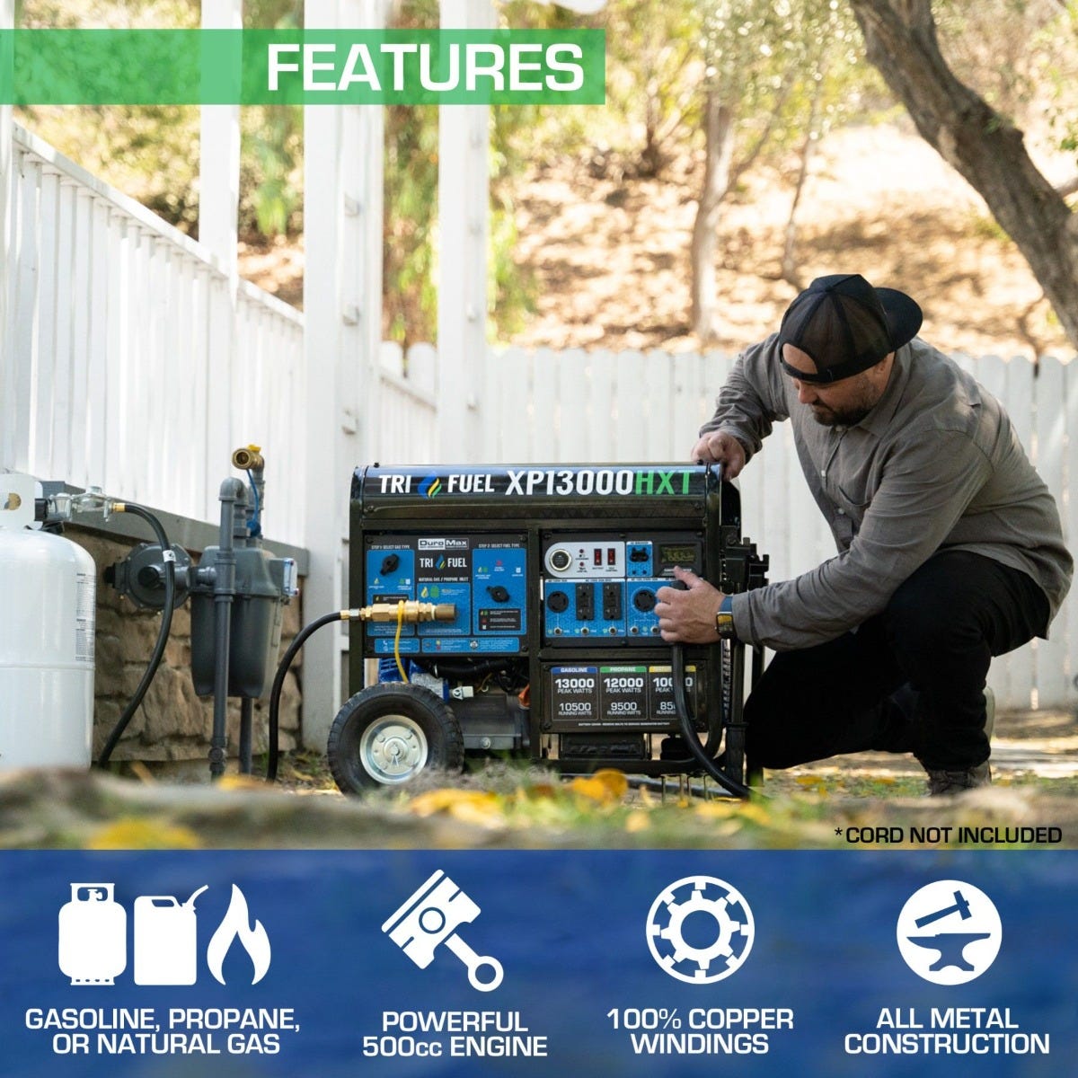 DuroMax XP13000HXT 13000-Watt 500cc Tri Fuel Gas Propane Natural Gas Portable Generator with CO Alert