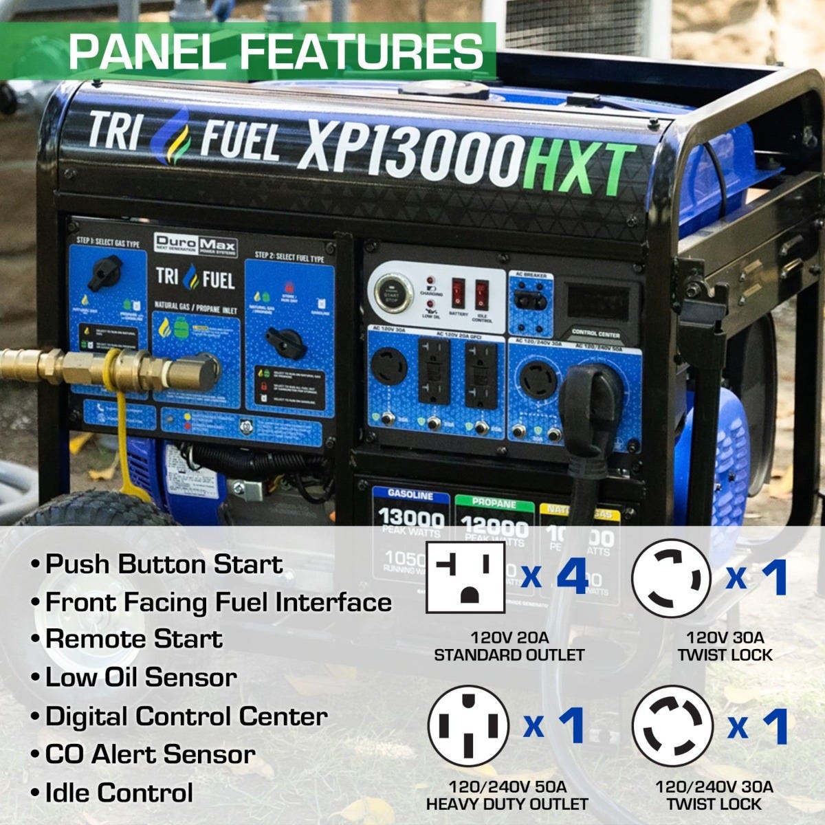 DuroMax XP13000HXT 13000-Watt 500cc Tri Fuel Gas Propane Natural Gas Portable Generator with CO Alert