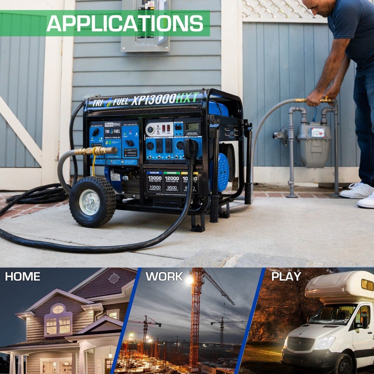 DuroMax XP13000HXT 13000-Watt 500cc Tri Fuel Gas Propane Natural Gas Portable Generator with CO Alert