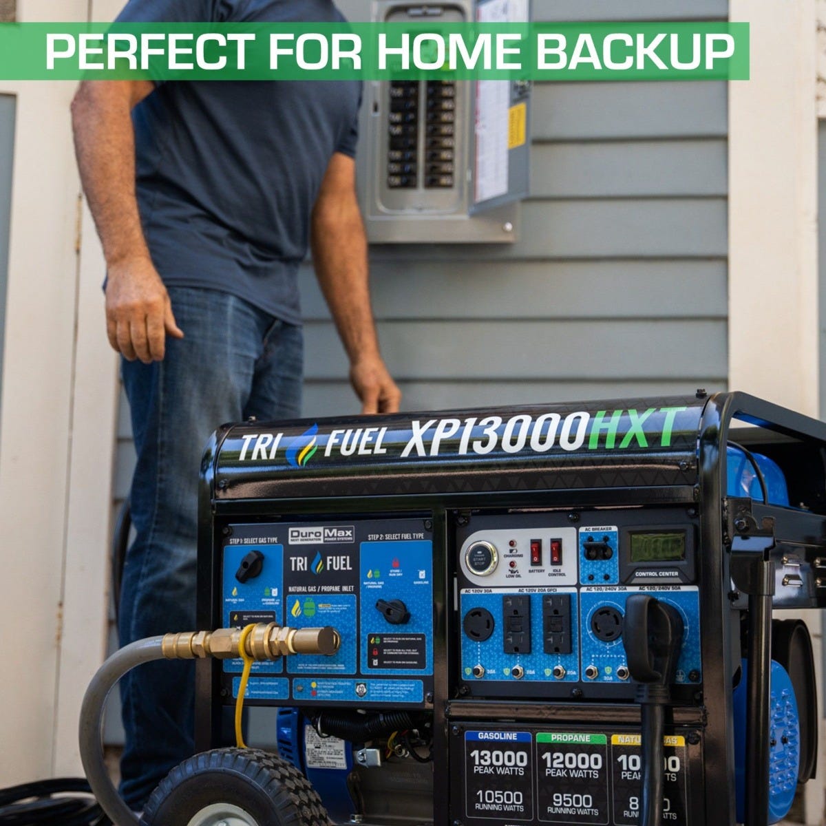 DuroMax XP13000HXT 13000-Watt 500cc Tri Fuel Gas Propane Natural Gas Portable Generator with CO Alert