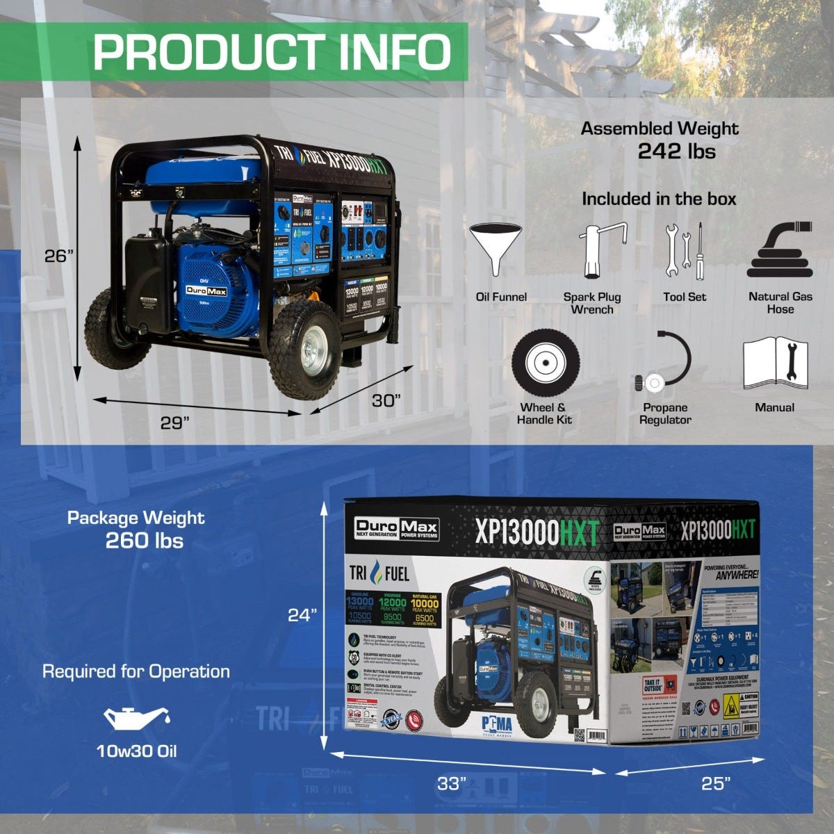 DuroMax XP13000HXT 13000-Watt 500cc Tri Fuel Gas Propane Natural Gas Portable Generator with CO Alert