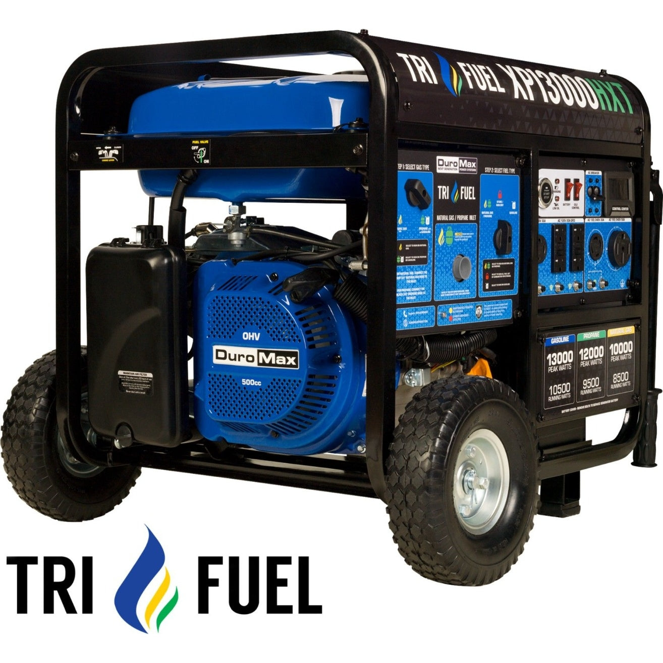 DuroMax XP13000HXT 13000-Watt 500cc Tri Fuel Gas Propane Natural Gas Portable Generator with CO Alert