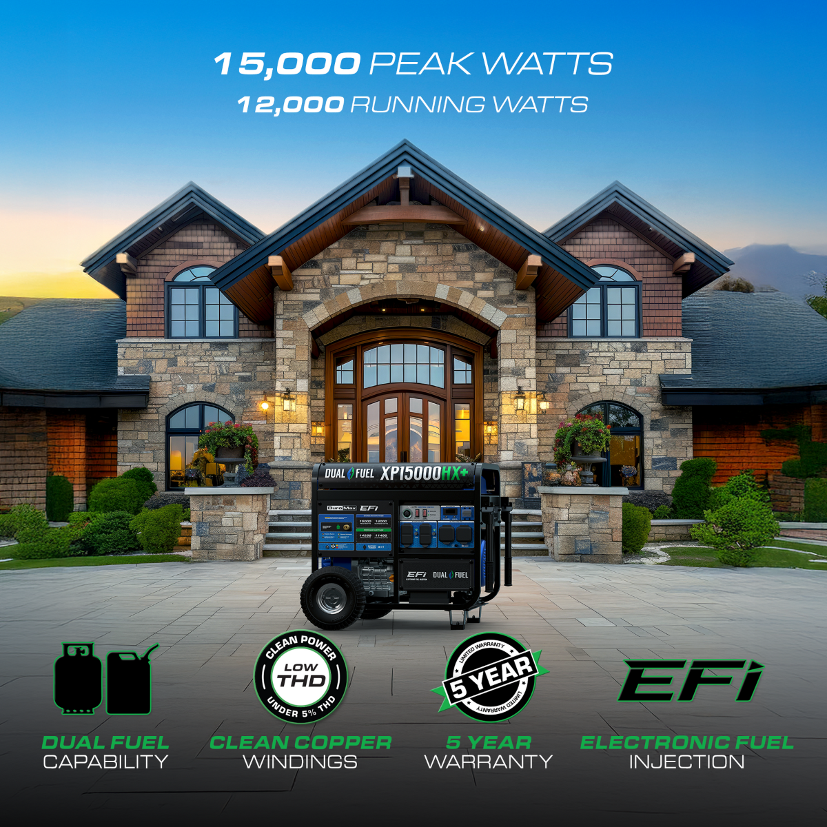 Duromax XP15000HX+ Electric Start 15,000 Watt Dual-Fuel EFI Portable Generator
