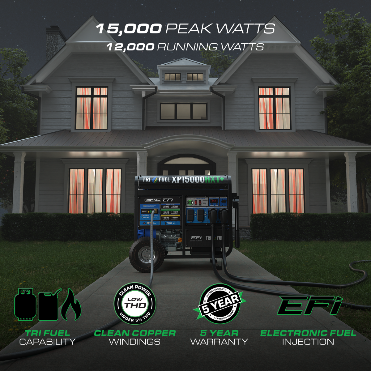 Duromax XP15000HXT+ Electric Start 15,000 Watt Tri-Fuel EFI Portable Generator