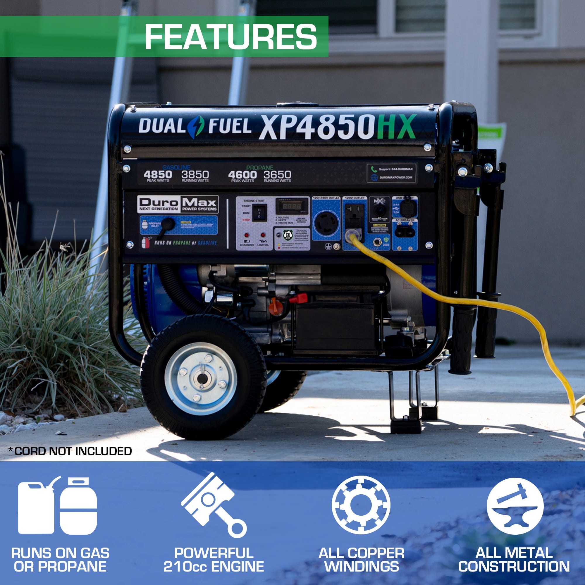 DuroMax XP4850HX 4,850-Watt 210cc Dual Fuel Gas Propane Portable Generator with CO Alert