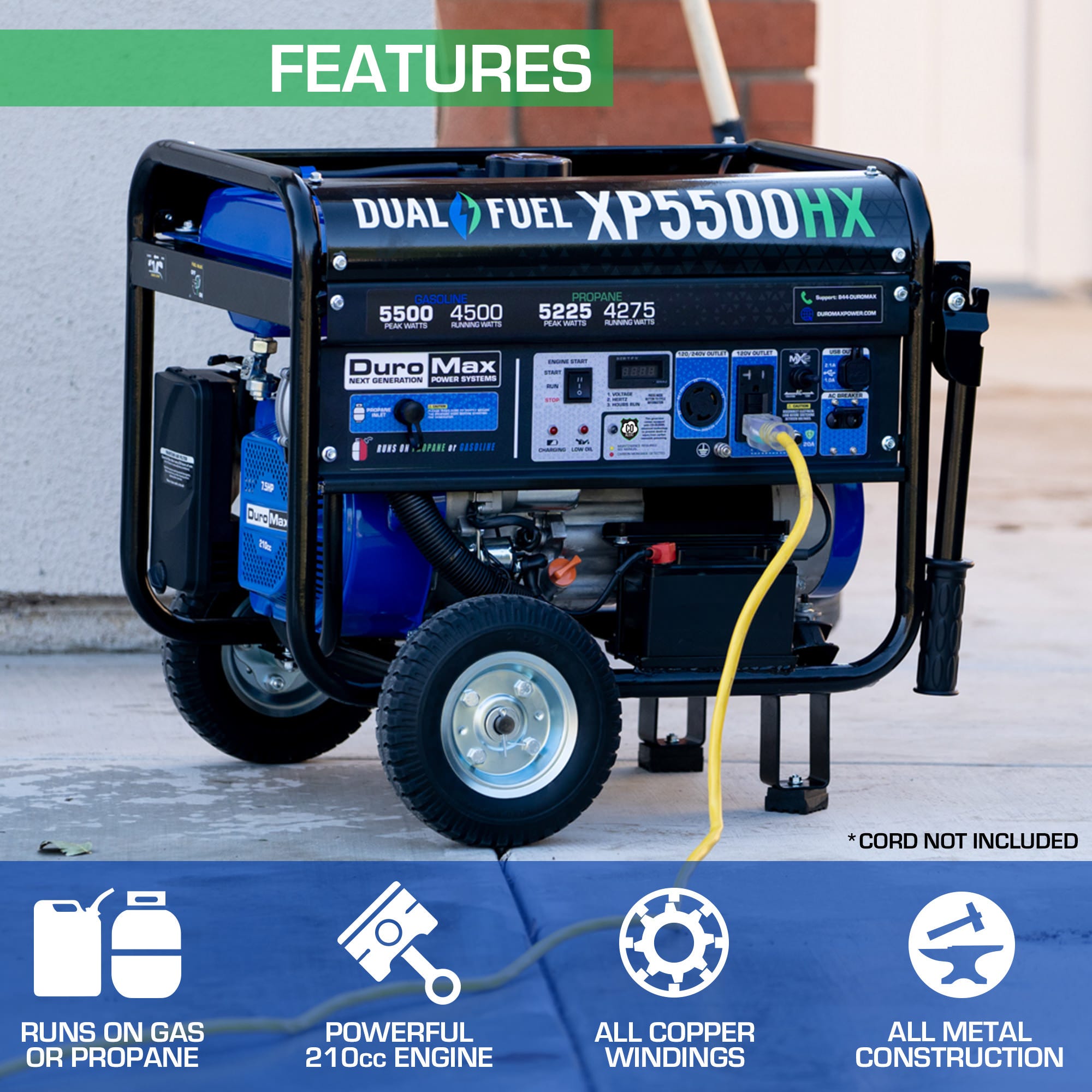 DuroMax XP5500HX 5,500-Watt 210cc Dual Fuel Gas Propane Portable Generator with CO Alert