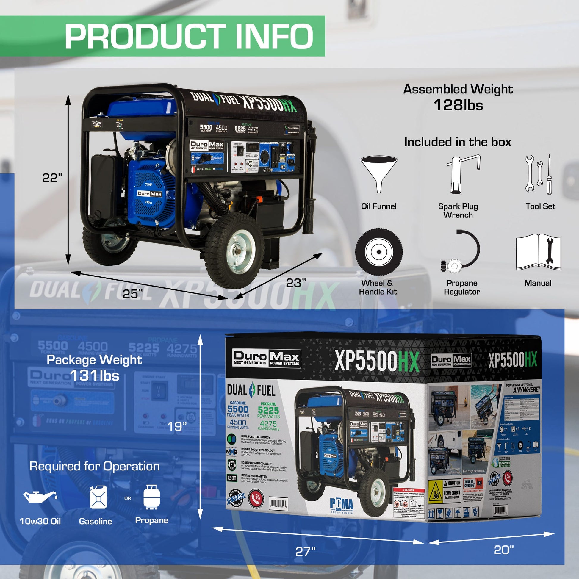 DuroMax XP5500HX 5,500-Watt 210cc Dual Fuel Gas Propane Portable Generator with CO Alert