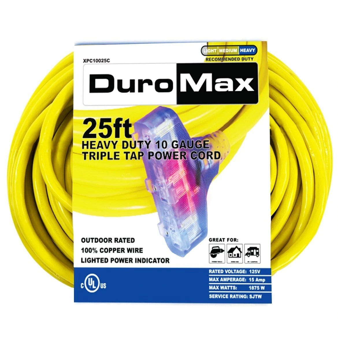 Duromax XPC10025C 25-Foot 10-Gauge Triple Tap Extension Power Cord