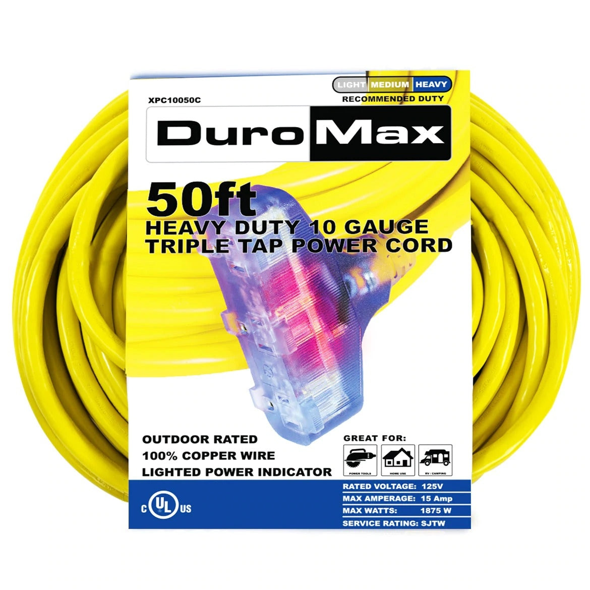 Duromax XPC12050C 50-Foot 12-Gauge Triple Tap Extension Power Cord